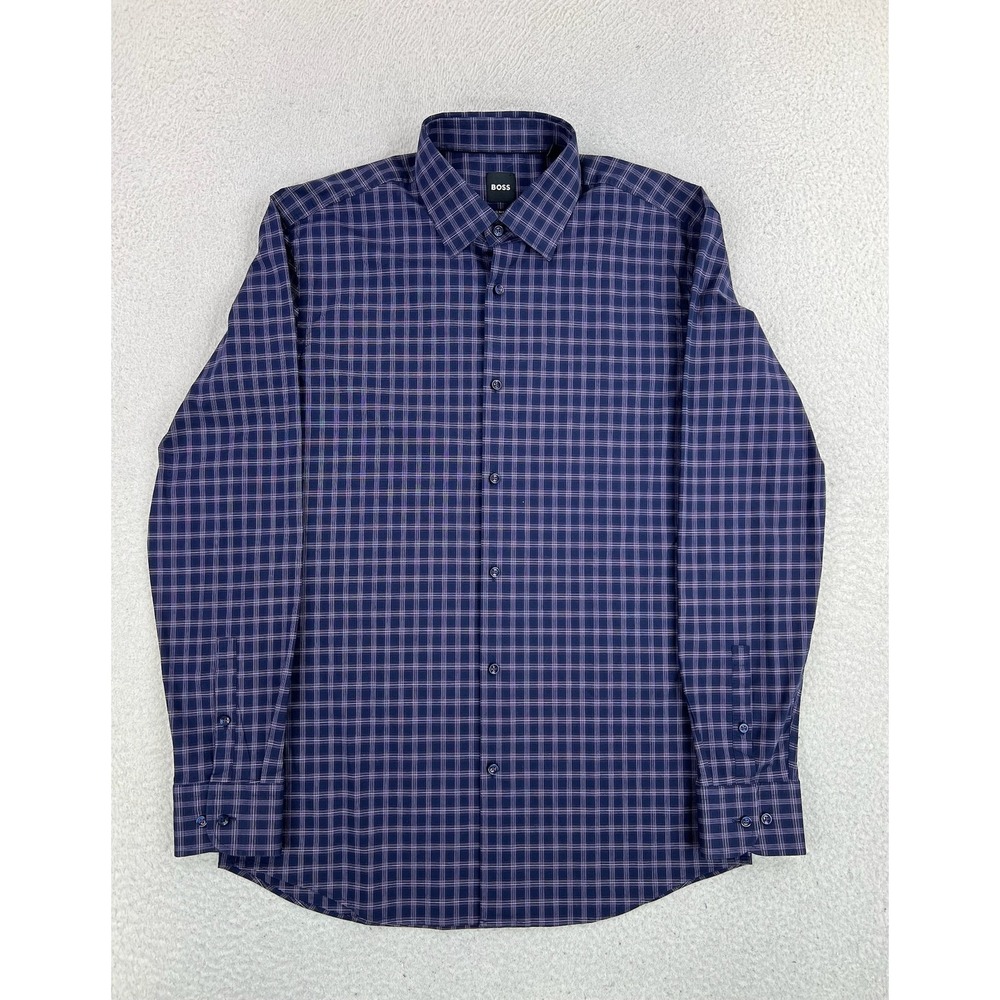 BOSS Hugo Boss Dress Shirt Mens 16 Blue Check Slim Easy Iron Cotton LS